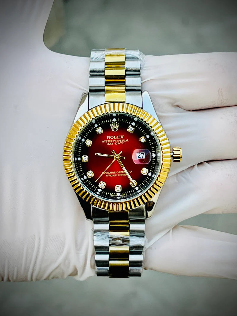 Rolex watch red dial with diamonds and date