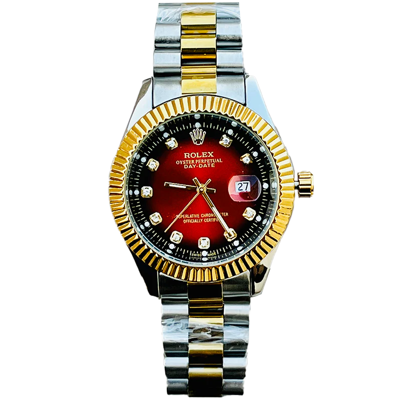 Rolex watch red dial with diamonds and date